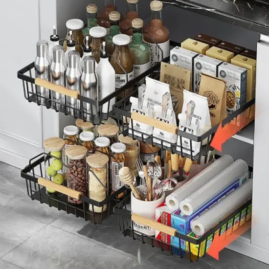 Pull Out Cabinet Organizer, No Drill Pull Out Shelves For Cabinets Multifunctional Sliding Mesh Cabinet Basket For Kitchen Pantry Bathroom Bedroom image {5}