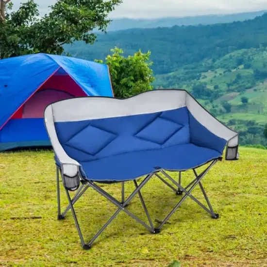 Costway Folding Camping Chair Loveseat Double Seat w/ Bags & Padded Backrest Gray\Blue image {1}