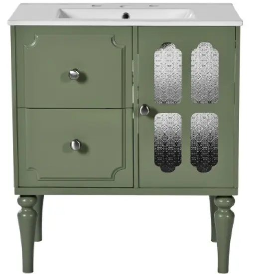 30'' Retro-Style Bathroom Vanity with Ceramic Sink, Freestanding Storage Cabinet with 2 Soft-Closing Drawers & Door, Green -ModernLuxe image {6}