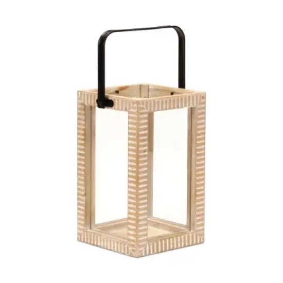 HomeRoots 13" Natural Distressed Geometric Solid Wood Tabletop Lantern Candle Holder image {5}
