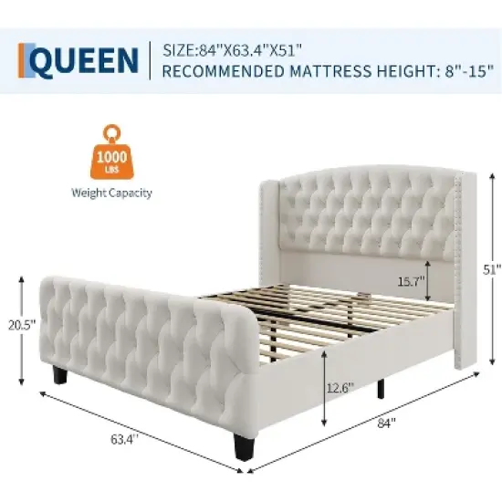 51" Tall Queen/King Size Bed Frame with Deep Button Tufted Wingback Headboard and Footboard, Velvet Upholstered Platform Bed Frame, Easy Assemble image {1}