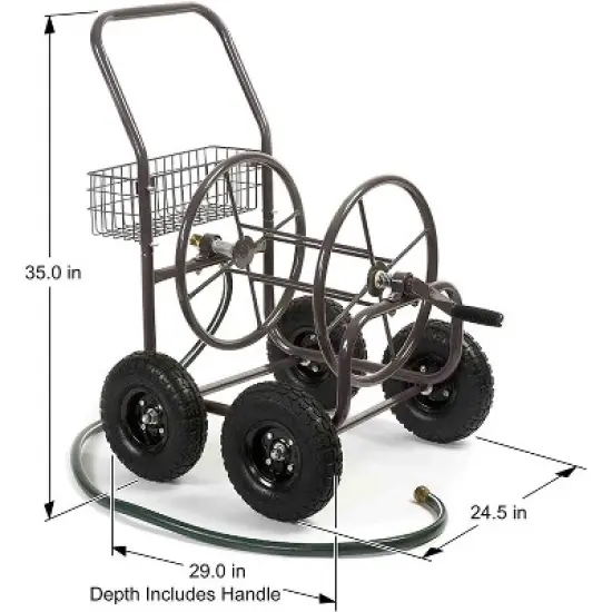 Liberty Garden 871 4 Wheel 250 Foot Capacity Steel Frame Water Hose Reel Cart with Basket for Backyard, Garden, or Home, Brown image {2}