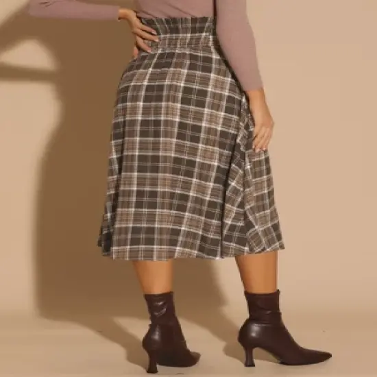 Allegra K Women's Plaid High Elastic Waist Vintage Fall A-Line Midi Skirt image {2}