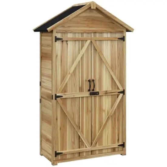 Outsunny Outdoor Storage Cabinet with Asphalt Roof, Wooden Garden Shed with Lockable Doors and Shelves, Wood Tool Shed for Backyard, Patio, Natural image {6}