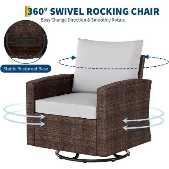 Jojoka 3-Piece Outdoor Swivel Rocking Chair Set with Side Table, High Back Wicker Glider Chairs, Comfortable Patio Furniture for Porch, Deck, Yard image {4}
