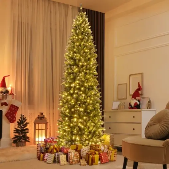 Costway 6FT/9FT Pre-Lit Christmas Tree Hinged Slim Pencil Xmas with 250/500 LED Lights image {11}