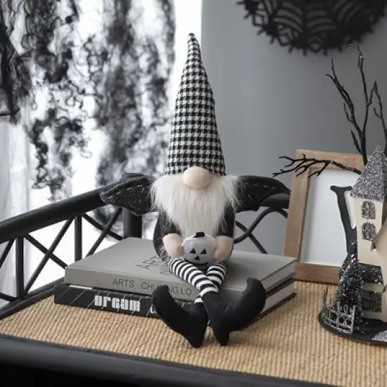 Whisen Fabric Sitting Gnome, Wings & Plaid Hat, Halloween Decoration image {3}
