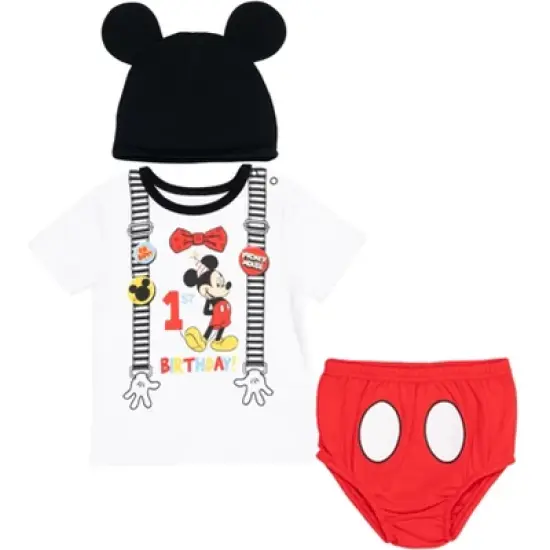 Disney Mickey Mouse 1st Birthday Cosplay Graphic T-Shirt Diaper Cover and Hat 3 Piece Outfit Set White/Red  image {6}