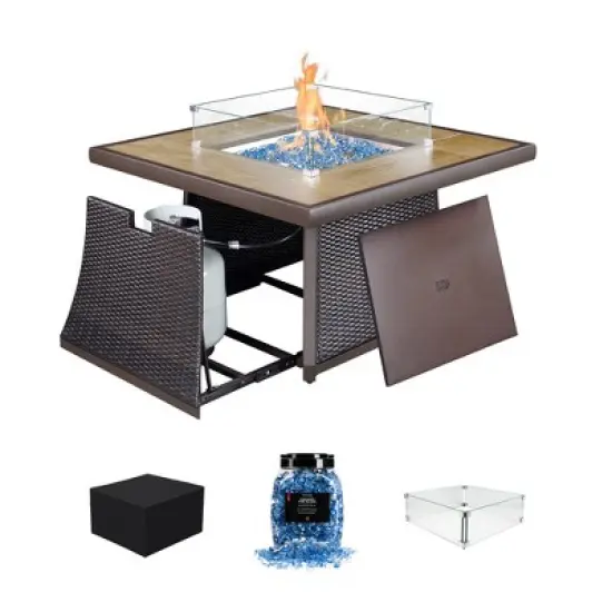Kinger Home 42-inch Propane Fire Pit Table with Tile Tabletop, 50,000 BTU CSA Certified, Rattan Wricker Aluminum Frame, Accessories Included, Brown image {2}
