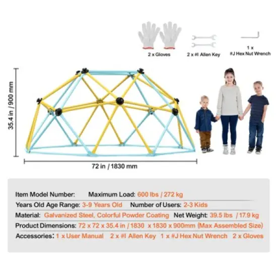 VEVOR Climbing Dome, Jungle Gym Supports 600LBS and Easy Assembly, 6FT Geometric Dome Climber Play Center for Kids 3 to 9 Years Old image {7}