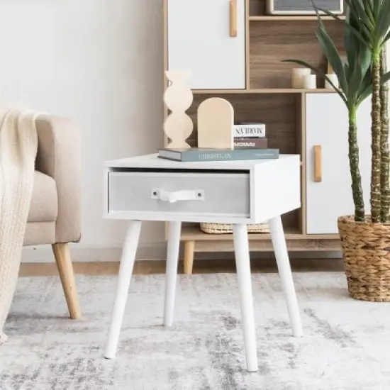 Costway Mid-Century Nightstand End Accent Bedside Table W/ Fabric Drawer Rustic White image {1}