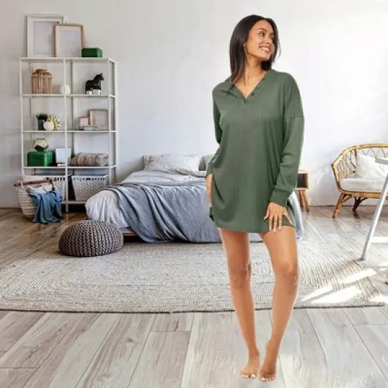 Women's Soft Ribbed Waffle Rib Knit Oversized Sleep Shirt, V-neck Night Shirt Sweater Top image {1}