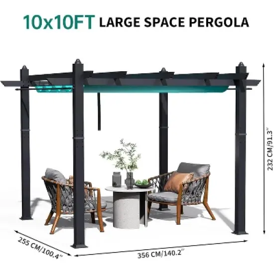 Retractable Outdoor Pergola, Weatherproof Aluminum Frame with Adjustable Blue Canopy & 4 White Curtains, Wood-Look Patio Shelter image {7}