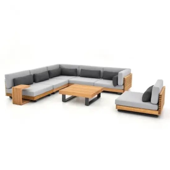 Modular Fabric Outdoor Lounge Suite Sectional Sofa Ensemble w/ TeakTone Wood Accents & Matte Metal Frame Side Table image {8}