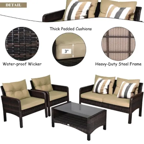 Costway 4PCS Patio Rattan Furniture Set Loveseat Sofa Coffee Table Garden W/ Cushion image {6}