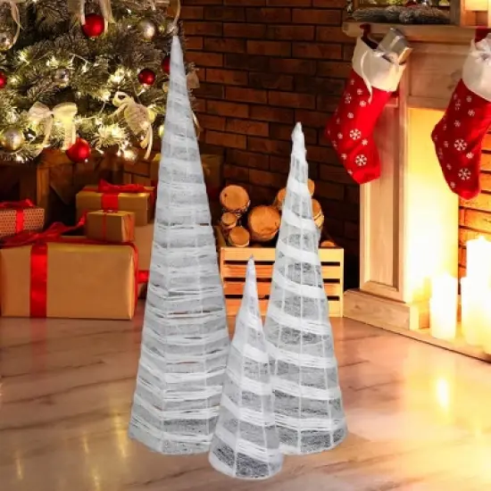 Northlight Glittered Cone Tree Christmas Decoration - 23.5 - White and Silver - Set of 3 image {1}