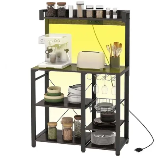 HOMCOM Kitchen Bakers Rack with Power Outlet and LED Lights, Microwave Stand, Coffee Bar with Metal Basket, Multiple Shelves and Glass Holders image {3}
