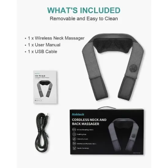 Nekteck Cordless Neck & Back Massager - Shiatsu, Heat, Deep Tissue - Portable Pillow - Gray image {9}