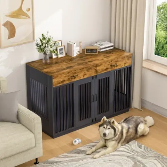 VECELO 55.1" Dog Crate, Wooden Decorative Dog Kennel Indoor With 2 Drawers for Medium/Large Dogs, Brown image {4}