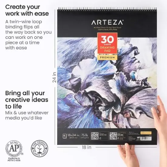 Arteza Spiral Paper Pad for Drawing or Sketching, 18x24" , 30 sheets image {2}