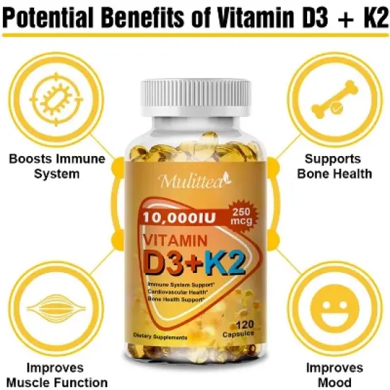 Mulittea 10000 IU Vitamin D3 K2, Support Bone & Joint Health, Increase Immunity, 120 Softgels image {1}