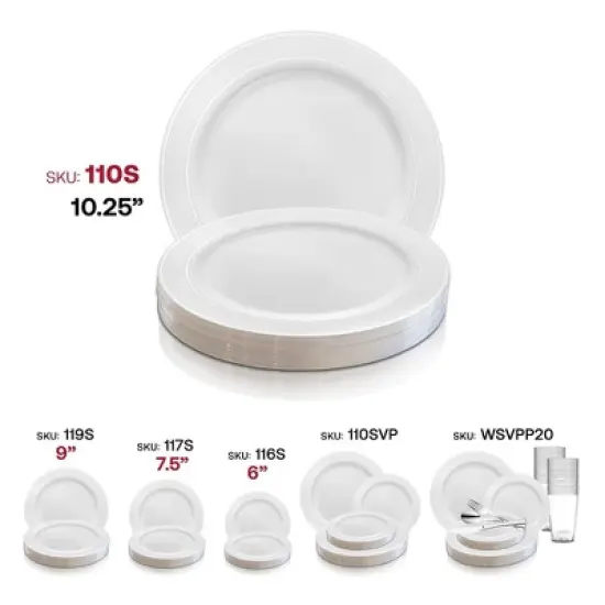 Smarty Had A Party 10.25" White w/ Silver Edge Rim Plastic Dinner Plates - 120 pcs image {5}