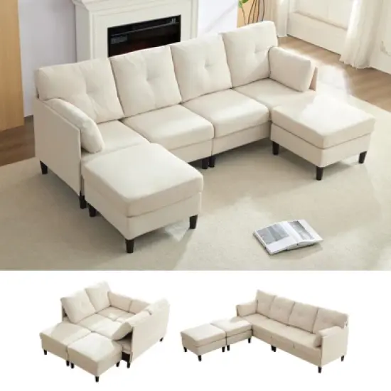 Mjkone Modular Convertible Sectional Sofa Couch, Upholstered Comfy Fabric 4-Seater Sofa with Movable Ottomans image {2}
