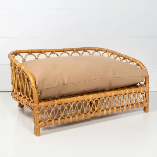 Elevated Bohemian Handwoven Rattan Dog Daybed with Machine-Washable Cushion image {1}