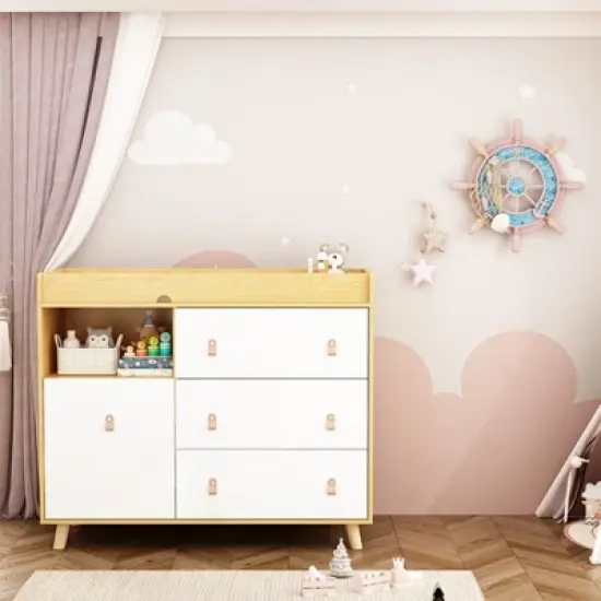 Famapy Baby Changing Table With leather Pulls Large Worktop Three Drawers Rich Storage Space Storage Cabinet image {9}