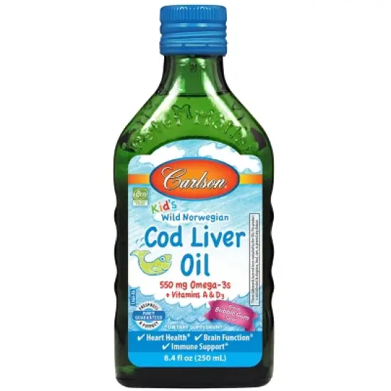 Carlson - Kid's Cod Liver Oil, 550 mg Omega-3s + A & D3, Norwegian, Wild Caught, Sustainably Sourced, Bubble Gum image {3}