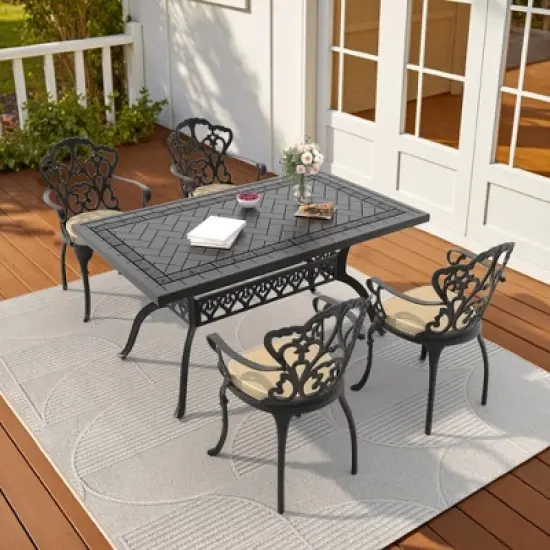 (5-PC)Premium Black Cast Aluminum Patio Set - Weather-Resistant Outdoor Table & Chairs with Beige Cushions image {9}