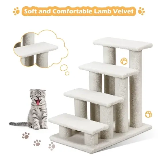 24''4-Step Pet Stairs Carpeted Ladder Ramp 8 Scratching Post Cat Tree Climber image {4}