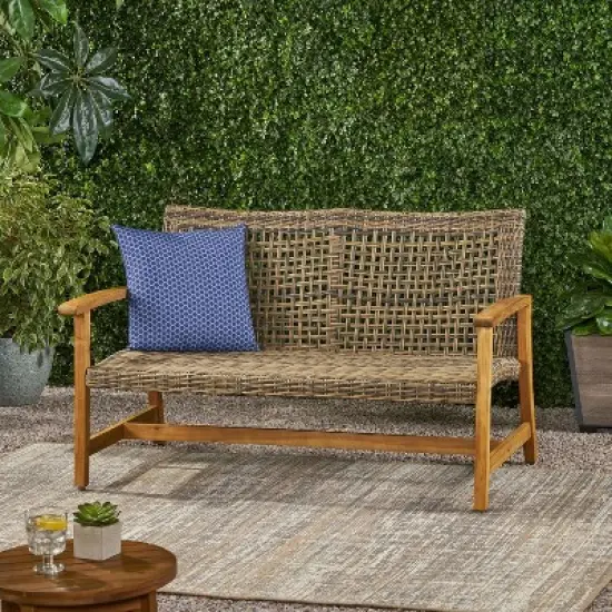 FIONECA Wood & Wicker Loveseat with Cushions, Outdoor Patio Seating, Durable Acacia Wood Frame & Weather-Resistant Wicker image {2}
