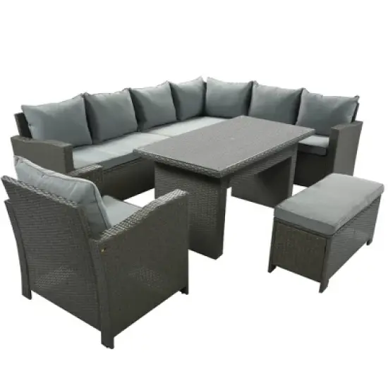 6pc Outdoor Set with Loveseats, Sofa, Chair, Bench & Coffee Table - Gray - GODEER image {2}