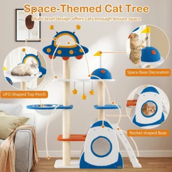 Tangkula Space Theme Cat Tree w/ Sisal Covered Scratching Posts UFO-shaped Top Perch image {4}