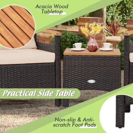 Tangkula Set of 3 Outdoor Rattan Sofa Set with Coffee Table Patio Conversation Set with Removable Cushion Cozy Acacia Wood Armrests image {2}