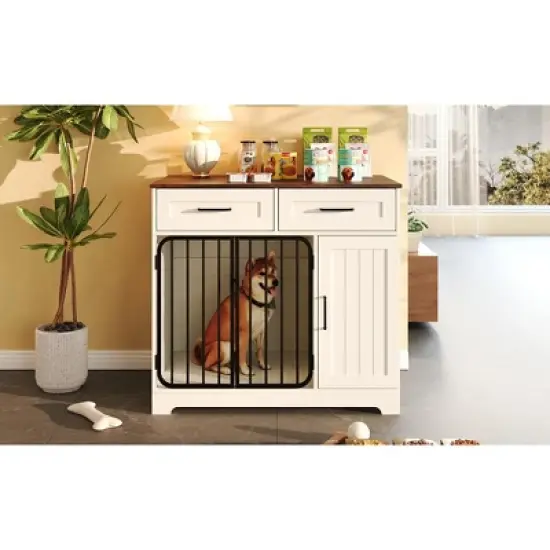 APRILSOUL 37.4" Dog Crate Furniture, Indoor Kennel with 2 Drawers & Storage Cabinet, Modern Side End Table, Small/Medium Dogs White image {2}