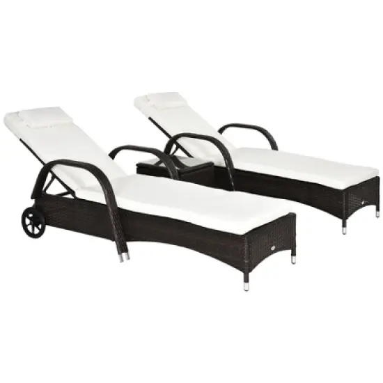 Outsunny Chaise Lounge Set of 2 with 5 Angle Backrest, Wheels, Armrests, Table, Cushions, PE Rattan Wicker Chairs, 3-Piece Pool Furniture Set image {8}