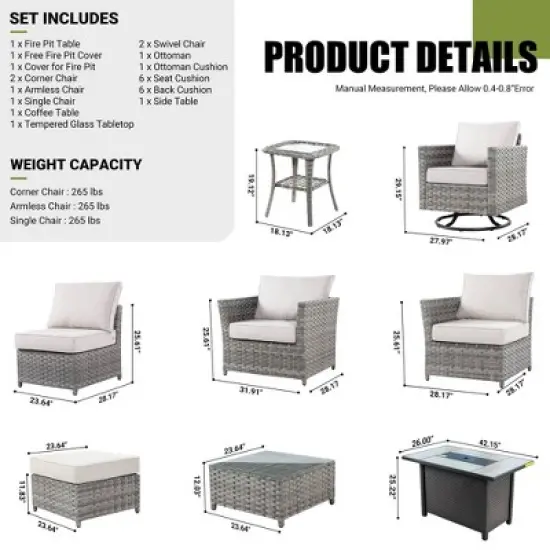 Tenaya 10pc Wicker Outdoor Patio Furniture Set Conversation Sofa with a Metal Fire Pit, Swivel Chairs and Cushions image {2}