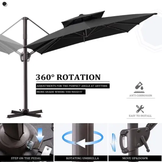 Pellebant 9X10.5FT Double Top Cantilever Umbrella Outdoor 360 Rotation 6 Heights Adjustable Offset Umbrella with Metal Pole and Base image {1}