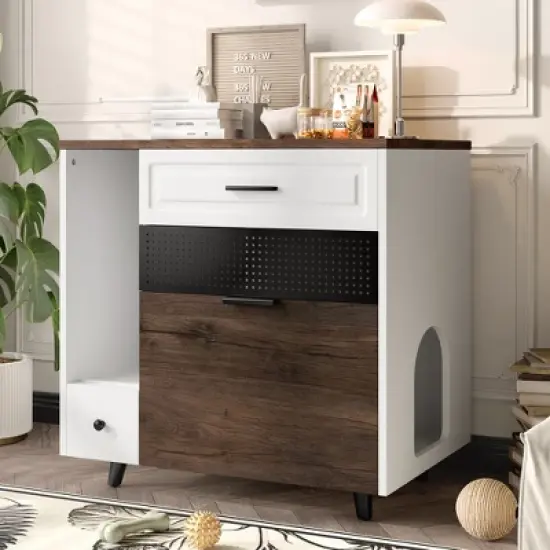 JUJABU Indoor Hidden Cat Litter Box Furniture with 2 Drawers & Door, Cat House End Table for Living Room - White & Brown image {9}
