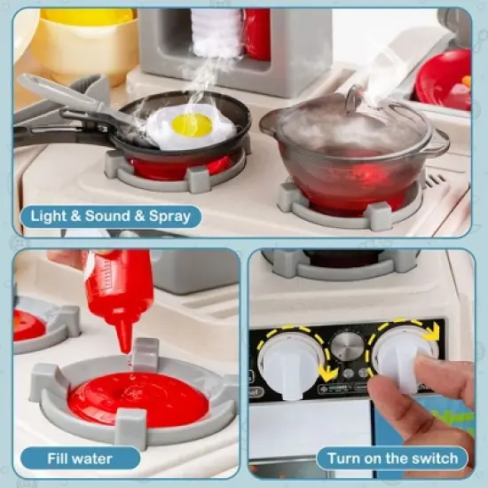 Costway  Large Plastic Play Kitchen Set W/ 67 Pcs Cooking Accessories Food &Realistic Lights & Sounds image {5}