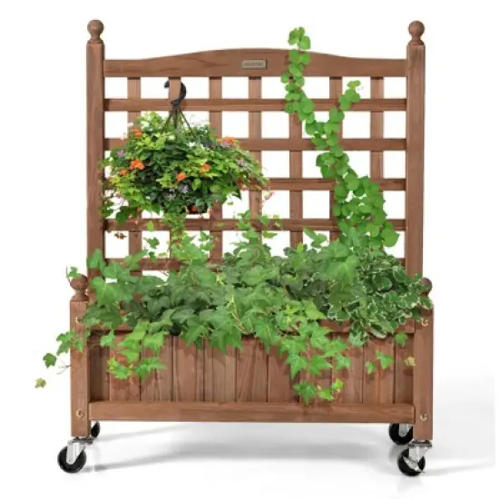 Tangkula 32in Wood Planter Box with Trellis and Wheels Mobile Plant Raised Bed for Indoor&Outdoor image {5}