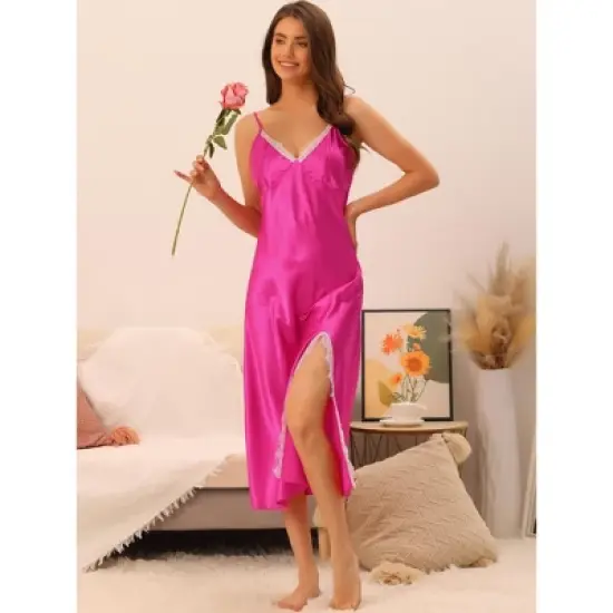cheibear Womens Satin Nightgowns Lingerie Strap Chemise Split Hem Silky Lounge Dress image {1}
