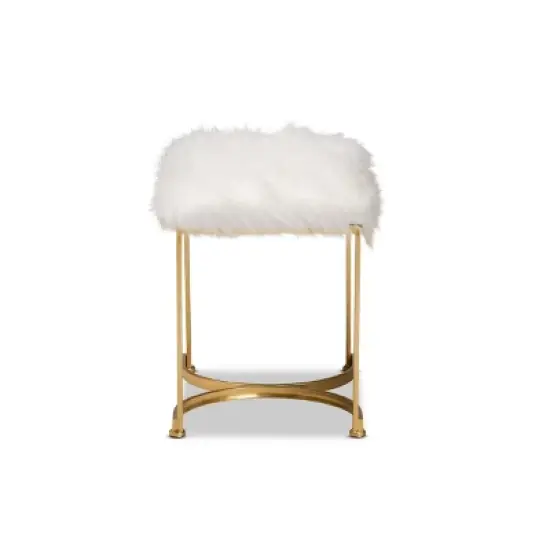 Gwyn Glam and Luxe Faux Fur Upholstered and Metal Ottoman White/Gold - Baxton Studio image {2}