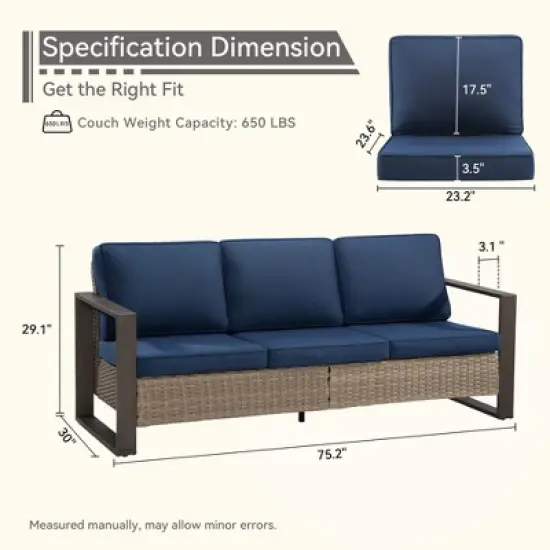 COWLOWN Dark Blue Outdoor Rattan Patio Sofa, 3-Seat Wicker Couch with Armrests and Cushions, Weather-Resistant Furniture for Backyard, Garden, Porch image {4}