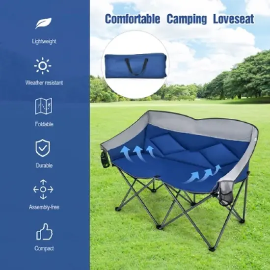 Costway Folding Camping Chair Loveseat Double Seat w/ Bags & Padded Backrest Gray\Blue image {2}