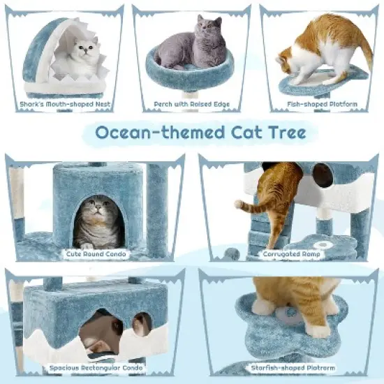 Yaheetech 72.5"H Ocean-themed Cat Tree for Indoor Cats, Blue image {3}