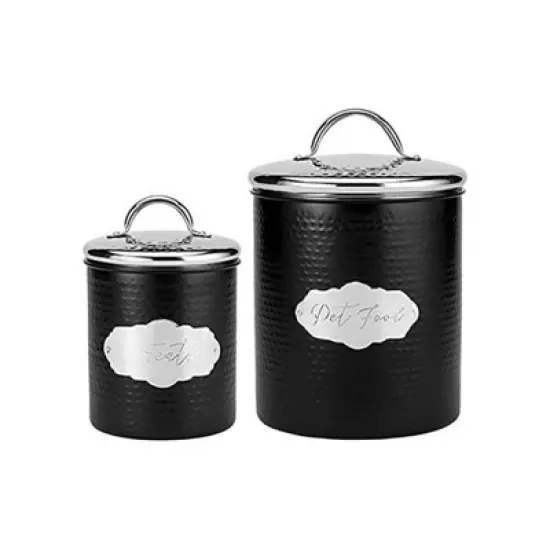 Amici Pet Cavalier Canister, Set of 2 - Black & Silver Toned Hammered Metal Food Storage with Handles - Airtight Lid Containers - (38 Oz & 104 Oz) image {5}