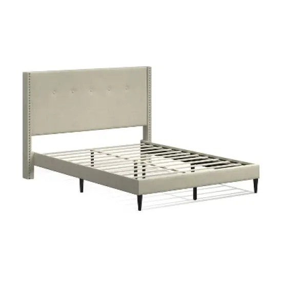 Glenwillow Home MCM Upholstered Platform Bed, Nailhead Trim Button Tufted MCM Wingback, Mattress Foundation, No Box Spring Needed, Beige, Queen image {1}